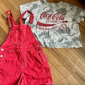 Red Overalls and Tye Dye Coca-Cola Crop Set